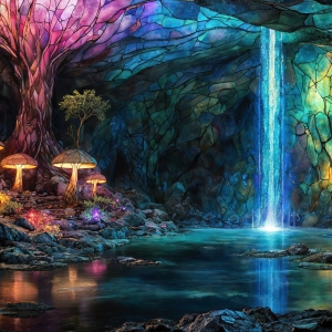 A vibrant and detailed fantasy photograph of an alien planet. Where every element appears meticulously crafted from iridescent stained glass. From a cave system, dominated by towering crystals, giant bioluminescent mushrooms, in all shapes and sizes, that glow in vibrant iridescent colors. A stream of iridescent blue water, flows down the center of the cave from a waterfall, off in the distance. The alien flora, vibrantly colored, attracting alien insects, like nothing you've ever seen. Glow worms hang down from the ceiling, emitting the entire spectrum of the rainbow in colors, they seem to dance and blend as if they are connected. Outside the cave system, the sky shimmers with a breathtaking aurora borealis that fills the sky, creating a cosmic spectacle of galaxies, nebulae, and radiant starlight, in this nighttime landscape.