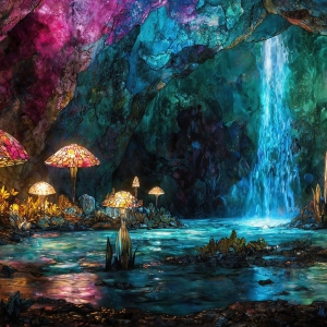 A vibrant and detailed fantasy photograph of an alien planet. Where every element appears meticulously crafted from iridescent stained glass. From a cave system, dominated by towering crystals, giant bioluminescent mushrooms, in all shapes and sizes, that glow in vibrant iridescent colors. A stream of iridescent blue water, flows down the center of the cave from a waterfall, off in the distance. The alien flora, vibrantly colored, attracting alien insects, like nothing you've ever seen. Glow worms hang down from the ceiling, emitting the entire spectrum of the rainbow in colors, they seem to dance and blend as if they are connected. Outside the cave system, the sky shimmers with a breathtaking aurora borealis that fills the sky, creating a cosmic spectacle of galaxies, nebulae, and radiant starlight, in this nighttime landscape.