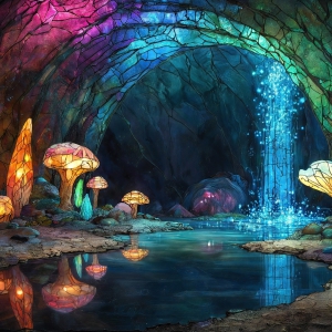 A vibrant and detailed fantasy photograph of an alien planet. Where every element appears meticulously crafted from iridescent stained glass. From a cave system, dominated by towering crystals, giant bioluminescent mushrooms, in all shapes and sizes, that glow in vibrant iridescent colors. A stream of iridescent blue water, flows down the center of the cave from a waterfall, off in the distance. The alien flora, vibrantly colored, attracting alien insects, like nothing you've ever seen. Glow worms hang down from the ceiling, emitting the entire spectrum of the rainbow in colors, they seem to dance and blend as if they are connected. Outside the cave system, the sky shimmers with a breathtaking aurora borealis that fills the sky, creating a cosmic spectacle of galaxies, nebulae, and radiant starlight, in this nighttime landscape.