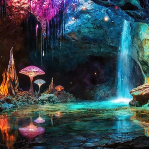 A vibrant and detailed fantasy photograph of an alien planet. Where every element appears meticulously crafted from iridescent stained glass. From a cave system, dominated by towering crystals, giant bioluminescent mushrooms, in all shapes and sizes, that glow in vibrant iridescent colors. A stream of iridescent blue water, flows down the center of the cave from a waterfall, off in the distance. The alien flora, vibrantly colored, attracting alien insects, like nothing you've ever seen. Glow worms hang down from the ceiling, emitting the entire spectrum of the rainbow in colors, they seem to dance and blend as if they are connected. Outside the cave system, the sky shimmers with a breathtaking aurora borealis that fills the sky, creating a cosmic spectacle of galaxies, nebulae, and radiant starlight, in this nighttime landscape.