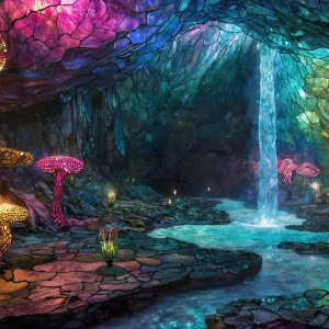 A vibrant and detailed fantasy photograph of an alien planet. Where every element appears meticulously crafted from iridescent stained glass. From a cave system, dominated by towering crystals, giant bioluminescent mushrooms, in all shapes and sizes, that glow in vibrant iridescent colors. A stream of iridescent blue water, flows down the center of the cave from a waterfall, off in the distance. The alien flora, vibrantly colored, attracting alien insects, like nothing you've ever seen. Glow worms hang down from the ceiling, emitting the entire spectrum of the rainbow in colors, they seem to dance and blend as if they are connected. Outside the cave system, the sky shimmers with a breathtaking aurora borealis that fills the sky, creating a cosmic spectacle of galaxies, nebulae, and radiant starlight, in this nighttime landscape.
