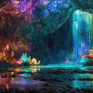 A vibrant and detailed fantasy photograph of an alien planet. Where every element appears meticulously crafted from iridescent stained glass. From a cave system, dominated by towering crystals, giant bioluminescent mushrooms, in all shapes and sizes, that glow in vibrant iridescent colors. A stream of iridescent blue water, flows down the center of the cave from a waterfall, off in the distance. The alien flora, vibrantly colored, attracting alien insects, like nothing you've ever seen. Glow worms hang down from the ceiling, emitting the entire spectrum of the rainbow in colors, they seem to dance and blend as if they are connected. Outside the cave system, the sky shimmers with a breathtaking aurora borealis that fills the sky, creating a cosmic spectacle of galaxies, nebulae, and radiant starlight, in this nighttime landscape.