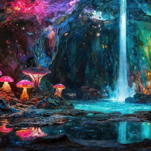 A vibrant and detailed fantasy photograph of an alien planet. Where every element appears meticulously crafted from iridescent stained glass. From a cave system, dominated by towering crystals, giant bioluminescent mushrooms, in all shapes and sizes, that glow in vibrant iridescent colors. A stream of iridescent blue water, flows down the center of the cave from a waterfall, off in the distance. The alien flora, vibrantly colored, attracting alien insects, like nothing you've ever seen. Glow worms hang down from the ceiling, emitting the entire spectrum of the rainbow in colors, they seem to dance and blend as if they are connected. Outside the cave system, the sky shimmers with a breathtaking aurora borealis that fills the sky, creating a cosmic spectacle of galaxies, nebulae, and radiant starlight, in this nighttime landscape.