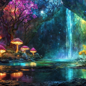 A vibrant and detailed fantasy photograph of an alien planet. Where every element appears meticulously crafted from iridescent stained glass. From a cave system, dominated by towering crystals, giant bioluminescent mushrooms, in all shapes and sizes, that glow in vibrant iridescent colors. A stream of iridescent blue water, flows down the center of the cave from a waterfall, off in the distance. The alien flora, vibrantly colored, attracting alien insects, like nothing you've ever seen. Glow worms hang down from the ceiling, emitting the entire spectrum of the rainbow in colors, they seem to dance and blend as if they are connected. Outside the cave system, the sky shimmers with a breathtaking aurora borealis that fills the sky, creating a cosmic spectacle of galaxies, nebulae, and radiant starlight, in this nighttime landscape.