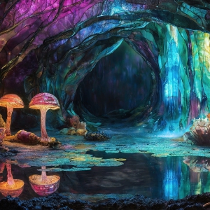 A vibrant and detailed fantasy photograph of an alien planet. Where every element appears meticulously crafted from iridescent stained glass. From a cave system, dominated by towering crystals, giant bioluminescent mushrooms, in all shapes and sizes, that glow in vibrant iridescent colors. A stream of iridescent blue water, flows down the center of the cave from a waterfall, off in the distance. The alien flora, vibrantly colored, attracting alien insects, like nothing you've ever seen. Glow worms hang down from the ceiling, emitting the entire spectrum of the rainbow in colors, they seem to dance and blend as if they are connected. Outside the cave system, the sky shimmers with a breathtaking aurora borealis that fills the sky, creating a cosmic spectacle of galaxies, nebulae, and radiant starlight, in this nighttime landscape.