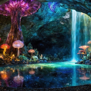 A vibrant and detailed fantasy photograph of an alien planet. Where every element appears meticulously crafted from iridescent stained glass. From a cave system, dominated by towering crystals, giant bioluminescent mushrooms, in all shapes and sizes, that glow in vibrant iridescent colors. A stream of iridescent blue water, flows down the center of the cave from a waterfall, off in the distance. The alien flora, vibrantly colored, attracting alien insects, like nothing you've ever seen. Glow worms hang down from the ceiling, emitting the entire spectrum of the rainbow in colors, they seem to dance and blend as if they are connected. Outside the cave system, the sky shimmers with a breathtaking aurora borealis that fills the sky, creating a cosmic spectacle of galaxies, nebulae, and radiant starlight, in this nighttime landscape.