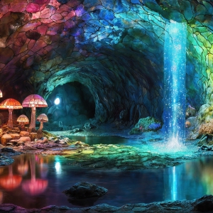 A vibrant and detailed fantasy photograph of an alien planet. Where every element appears meticulously crafted from iridescent stained glass. From a cave system, dominated by towering crystals, giant bioluminescent mushrooms, in all shapes and sizes, that glow in vibrant iridescent colors. A stream of iridescent blue water, flows down the center of the cave from a waterfall, off in the distance. The alien flora, vibrantly colored, attracting alien insects, like nothing you've ever seen. Glow worms hang down from the ceiling, emitting the entire spectrum of the rainbow in colors, they seem to dance and blend as if they are connected. Outside the cave system, the sky shimmers with a breathtaking aurora borealis that fills the sky, creating a cosmic spectacle of galaxies, nebulae, and radiant starlight, in this nighttime landscape.
