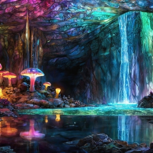 A vibrant and detailed fantasy photograph of an alien planet. Where every element appears meticulously crafted from iridescent stained glass. From a cave system, dominated by towering crystals, giant bioluminescent mushrooms, in all shapes and sizes, that glow in vibrant iridescent colors. A stream of iridescent blue water, flows down the center of the cave from a waterfall, off in the distance. The alien flora, vibrantly colored, attracting alien insects, like nothing you've ever seen. Glow worms hang down from the ceiling, emitting the entire spectrum of the rainbow in colors, they seem to dance and blend as if they are connected. Outside the cave system, the sky shimmers with a breathtaking aurora borealis that fills the sky, creating a cosmic spectacle of galaxies, nebulae, and radiant starlight, in this nighttime landscape.