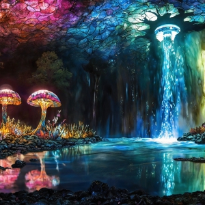 A vibrant and detailed fantasy photograph of an alien planet. Where every element appears meticulously crafted from iridescent stained glass. From a cave system, dominated by towering crystals, giant bioluminescent mushrooms, in all shapes and sizes, that glow in vibrant iridescent colors. A stream of iridescent blue water, flows down the center of the cave from a waterfall, off in the distance. The alien flora, vibrantly colored, attracting alien insects, like nothing you've ever seen. Glow worms hang down from the ceiling, emitting the entire spectrum of the rainbow in colors, they seem to dance and blend as if they are connected. Outside the cave system, the sky shimmers with a breathtaking aurora borealis that fills the sky, creating a cosmic spectacle of galaxies, nebulae, and radiant starlight, in this nighttime landscape.