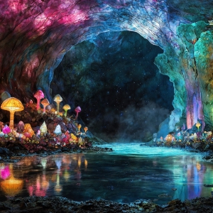 A vibrant and detailed fantasy photograph of an alien planet. Where every element appears meticulously crafted from iridescent stained glass. From a cave system, dominated by towering crystals, giant bioluminescent mushrooms, in all shapes and sizes, that glow in vibrant iridescent colors. A stream of iridescent blue water, flows down the center of the cave from a waterfall, off in the distance. The alien flora, vibrantly colored, attracting alien insects, like nothing you've ever seen. Glow worms hang down from the ceiling, emitting the entire spectrum of the rainbow in colors, they seem to dance and blend as if they are connected. Outside the cave system, the sky shimmers with a breathtaking aurora borealis that fills the sky, creating a cosmic spectacle of galaxies, nebulae, and radiant starlight, in this nighttime landscape.