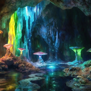A vibrant and detailed fantasy photograph of an alien planet. Where every element appears meticulously crafted from iridescent stained glass. From a cave system, dominated by towering crystals, giant bioluminescent mushrooms, in all shapes and sizes, that glow in vibrant iridescent colors. A stream of iridescent blue water, flows down the center of the cave from a waterfall, off in the distance. The alien flora, vibrantly colored, attracting alien insects, like nothing you've ever seen. Glow worms hang down from the ceiling, emitting the entire spectrum of the rainbow in colors, they seem to dance and blend as if they are connected. Outside the cave system, the sky shimmers with a breathtaking aurora borealis that fills the sky, creating a cosmic spectacle of galaxies, nebulae, and radiant starlight, in this nighttime landscape.