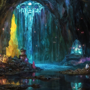 A vibrant and detailed fantasy photograph of an alien planet. Where every element appears meticulously crafted from iridescent stained glass. From a cave system, dominated by towering crystals, giant bioluminescent mushrooms, in all shapes and sizes, that glow in vibrant iridescent colors. A stream of iridescent blue water, flows down the center of the cave from a waterfall, off in the distance. The alien flora, vibrantly colored, attracting alien insects, like nothing you've ever seen. Glow worms hang down from the ceiling, emitting the entire spectrum of the rainbow in colors, they seem to dance and blend as if they are connected. Outside the cave system, the sky shimmers with a breathtaking aurora borealis that fills the sky, creating a cosmic spectacle of galaxies, nebulae, and radiant starlight, in this nighttime landscape.