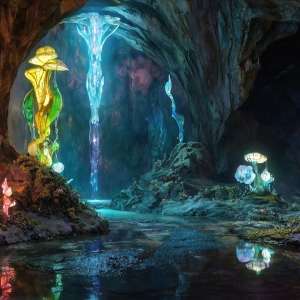 A vibrant and detailed fantasy photograph of an alien planet. Where every element appears meticulously crafted from iridescent stained glass. From a cave system, dominated by towering crystals, giant bioluminescent mushrooms, in all shapes and sizes, that glow in vibrant iridescent colors. A stream of iridescent blue water, flows down the center of the cave from a waterfall, off in the distance. The alien flora, vibrantly colored, attracting alien insects, like nothing you've ever seen. Glow worms hang down from the ceiling, emitting the entire spectrum of the rainbow in colors, they seem to dance and blend as if they are connected. Outside the cave system, the sky shimmers with a breathtaking aurora borealis that fills the sky, creating a cosmic spectacle of galaxies, nebulae, and radiant starlight, in this nighttime landscape.