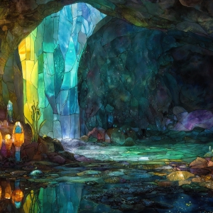 A vibrant and detailed fantasy photograph of an alien planet. Where every element appears meticulously crafted from iridescent stained glass. From a cave system, dominated by towering crystals, giant bioluminescent mushrooms, in all shapes and sizes, that glow in vibrant iridescent colors. A stream of iridescent blue water, flows down the center of the cave from a waterfall, off in the distance. The alien flora, vibrantly colored, attracting alien insects, like nothing you've ever seen. Glow worms hang down from the ceiling, emitting the entire spectrum of the rainbow in colors, they seem to dance and blend as if they are connected. Outside the cave system, the sky shimmers with a breathtaking aurora borealis that fills the sky, creating a cosmic spectacle of galaxies, nebulae, and radiant starlight, in this nighttime landscape.