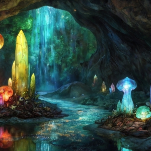A vibrant and detailed fantasy photograph of an alien planet. Where every element appears meticulously crafted from iridescent stained glass. From a cave system, dominated by towering crystals, giant bioluminescent mushrooms, in all shapes and sizes, that glow in vibrant iridescent colors. A stream of iridescent blue water, flows down the center of the cave from a waterfall, off in the distance. The alien flora, vibrantly colored, attracting alien insects, like nothing you've ever seen. Glow worms hang down from the ceiling, emitting the entire spectrum of the rainbow in colors, they seem to dance and blend as if they are connected. Outside the cave system, the sky shimmers with a breathtaking aurora borealis that fills the sky, creating a cosmic spectacle of galaxies, nebulae, and radiant starlight, in this nighttime landscape.