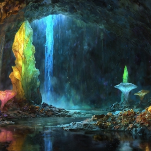 A vibrant and detailed fantasy photograph of an alien planet. Where every element appears meticulously crafted from iridescent stained glass. From a cave system, dominated by towering crystals, giant bioluminescent mushrooms, in all shapes and sizes, that glow in vibrant iridescent colors. A stream of iridescent blue water, flows down the center of the cave from a waterfall, off in the distance. The alien flora, vibrantly colored, attracting alien insects, like nothing you've ever seen. Glow worms hang down from the ceiling, emitting the entire spectrum of the rainbow in colors, they seem to dance and blend as if they are connected. Outside the cave system, the sky shimmers with a breathtaking aurora borealis that fills the sky, creating a cosmic spectacle of galaxies, nebulae, and radiant starlight, in this nighttime landscape.