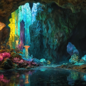 A vibrant and detailed fantasy photograph of an alien planet. Where every element appears meticulously crafted from iridescent stained glass. From a cave system, dominated by towering crystals, giant bioluminescent mushrooms, in all shapes and sizes, that glow in vibrant iridescent colors. A stream of iridescent blue water, flows down the center of the cave from a waterfall, off in the distance. The alien flora, vibrantly colored, attracting alien insects, like nothing you've ever seen. Glow worms hang down from the ceiling, emitting the entire spectrum of the rainbow in colors, they seem to dance and blend as if they are connected. Outside the cave system, the sky shimmers with a breathtaking aurora borealis that fills the sky, creating a cosmic spectacle of galaxies, nebulae, and radiant starlight, in this nighttime landscape.