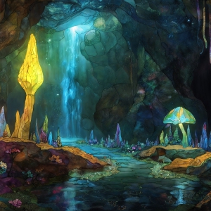 A vibrant and detailed fantasy photograph of an alien planet. Where every element appears meticulously crafted from iridescent stained glass. From a cave system, dominated by towering crystals, giant bioluminescent mushrooms, in all shapes and sizes, that glow in vibrant iridescent colors. A stream of iridescent blue water, flows down the center of the cave from a waterfall, off in the distance. The alien flora, vibrantly colored, attracting alien insects, like nothing you've ever seen. Glow worms hang down from the ceiling, emitting the entire spectrum of the rainbow in colors, they seem to dance and blend as if they are connected. Outside the cave system, the sky shimmers with a breathtaking aurora borealis that fills the sky, creating a cosmic spectacle of galaxies, nebulae, and radiant starlight, in this nighttime landscape.