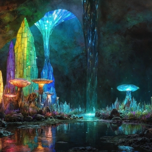A vibrant and detailed fantasy photograph of an alien planet. Where every element appears meticulously crafted from iridescent stained glass. From a cave system, dominated by towering crystals, giant bioluminescent mushrooms, in all shapes and sizes, that glow in vibrant iridescent colors. A stream of iridescent blue water, flows down the center of the cave from a waterfall, off in the distance. The alien flora, vibrantly colored, attracting alien insects, like nothing you've ever seen. Glow worms hang down from the ceiling, emitting the entire spectrum of the rainbow in colors, they seem to dance and blend as if they are connected. Outside the cave system, the sky shimmers with a breathtaking aurora borealis that fills the sky, creating a cosmic spectacle of galaxies, nebulae, and radiant starlight, in this nighttime landscape.