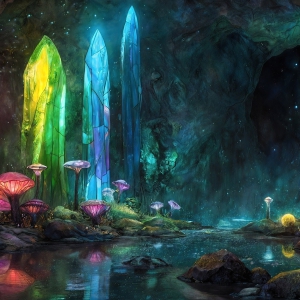 A vibrant and detailed fantasy photograph of an alien planet. Where every element appears meticulously crafted from iridescent stained glass. From a cave system, dominated by towering crystals, giant bioluminescent mushrooms, in all shapes and sizes, that glow in vibrant iridescent colors. A stream of iridescent blue water, flows down the center of the cave from a waterfall, off in the distance. The alien flora, vibrantly colored, attracting alien insects, like nothing you've ever seen. Glow worms hang down from the ceiling, emitting the entire spectrum of the rainbow in colors, they seem to dance and blend as if they are connected. Outside the cave system, the sky shimmers with a breathtaking aurora borealis that fills the sky, creating a cosmic spectacle of galaxies, nebulae, and radiant starlight, in this nighttime landscape.