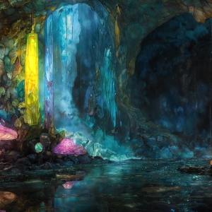 A vibrant and detailed fantasy photograph of an alien planet. Where every element appears meticulously crafted from iridescent stained glass. From a cave system, dominated by towering crystals, giant bioluminescent mushrooms, in all shapes and sizes, that glow in vibrant iridescent colors. A stream of iridescent blue water, flows down the center of the cave from a waterfall, off in the distance. The alien flora, vibrantly colored, attracting alien insects, like nothing you've ever seen. Glow worms hang down from the ceiling, emitting the entire spectrum of the rainbow in colors, they seem to dance and blend as if they are connected. Outside the cave system, the sky shimmers with a breathtaking aurora borealis that fills the sky, creating a cosmic spectacle of galaxies, nebulae, and radiant starlight, in this nighttime landscape.