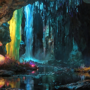 A vibrant and detailed fantasy photograph of an alien planet. Where every element appears meticulously crafted from iridescent stained glass. From a cave system, dominated by towering crystals, giant bioluminescent mushrooms, in all shapes and sizes, that glow in vibrant iridescent colors. A stream of iridescent blue water, flows down the center of the cave from a waterfall, off in the distance. The alien flora, vibrantly colored, attracting alien insects, like nothing you've ever seen. Glow worms hang down from the ceiling, emitting the entire spectrum of the rainbow in colors, they seem to dance and blend as if they are connected. Outside the cave system, the sky shimmers with a breathtaking aurora borealis that fills the sky, creating a cosmic spectacle of galaxies, nebulae, and radiant starlight, in this nighttime landscape.