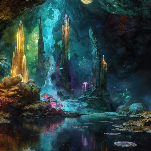 A vibrant and detailed fantasy photograph of an alien planet. Where every element appears meticulously crafted from iridescent stained glass. From a cave system, dominated by towering crystals, giant bioluminescent mushrooms, in all shapes and sizes, that glow in vibrant iridescent colors. A stream of iridescent blue water, flows down the center of the cave from a waterfall, off in the distance. The alien flora, vibrantly colored, attracting alien insects, like nothing you've ever seen. Glow worms hang down from the ceiling, emitting the entire spectrum of the rainbow in colors, they seem to dance and blend as if they are connected. Outside the cave system, the sky shimmers with a breathtaking aurora borealis that fills the sky, creating a cosmic spectacle of galaxies, nebulae, and radiant starlight, in this nighttime landscape.