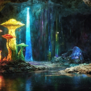 A vibrant and detailed fantasy photograph of an alien planet. Where every element appears meticulously crafted from iridescent stained glass. From a cave system, dominated by towering crystals, giant bioluminescent mushrooms, in all shapes and sizes, that glow in vibrant iridescent colors. A stream of iridescent blue water, flows down the center of the cave from a waterfall, off in the distance. The alien flora, vibrantly colored, attracting alien insects, like nothing you've ever seen. Glow worms hang down from the ceiling, emitting the entire spectrum of the rainbow in colors, they seem to dance and blend as if they are connected. Outside the cave system, the sky shimmers with a breathtaking aurora borealis that fills the sky, creating a cosmic spectacle of galaxies, nebulae, and radiant starlight, in this nighttime landscape.