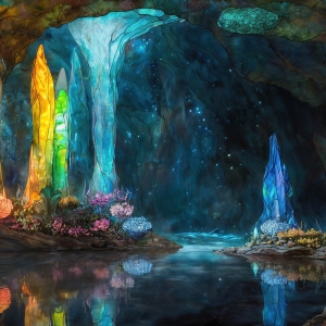 A vibrant and detailed fantasy photograph of an alien planet. Where every element appears meticulously crafted from iridescent stained glass. From a cave system, dominated by towering crystals, giant bioluminescent mushrooms, in all shapes and sizes, that glow in vibrant iridescent colors. A stream of iridescent blue water, flows down the center of the cave from a waterfall, off in the distance. The alien flora, vibrantly colored, attracting alien insects, like nothing you've ever seen. Glow worms hang down from the ceiling, emitting the entire spectrum of the rainbow in colors, they seem to dance and blend as if they are connected. Outside the cave system, the sky shimmers with a breathtaking aurora borealis that fills the sky, creating a cosmic spectacle of galaxies, nebulae, and radiant starlight, in this nighttime landscape.