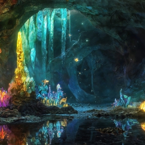 A vibrant and detailed fantasy photograph of an alien planet. Where every element appears meticulously crafted from iridescent stained glass. From a cave system, dominated by towering crystals, giant bioluminescent mushrooms, in all shapes and sizes, that glow in vibrant iridescent colors. A stream of iridescent blue water, flows down the center of the cave from a waterfall, off in the distance. The alien flora, vibrantly colored, attracting alien insects, like nothing you've ever seen. Glow worms hang down from the ceiling, emitting the entire spectrum of the rainbow in colors, they seem to dance and blend as if they are connected. Outside the cave system, the sky shimmers with a breathtaking aurora borealis that fills the sky, creating a cosmic spectacle of galaxies, nebulae, and radiant starlight, in this nighttime landscape.