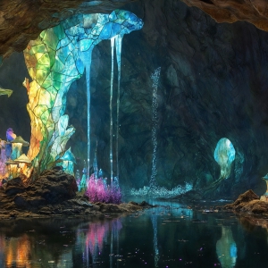 A vibrant and detailed fantasy photograph of an alien planet. Where every element appears meticulously crafted from iridescent stained glass. From a cave system, dominated by towering crystals, giant bioluminescent mushrooms, in all shapes and sizes, that glow in vibrant iridescent colors. A stream of iridescent blue water, flows down the center of the cave from a waterfall, off in the distance. The alien flora, vibrantly colored, attracting alien insects, like nothing you've ever seen. Glow worms hang down from the ceiling, emitting the entire spectrum of the rainbow in colors, they seem to dance and blend as if they are connected. Outside the cave system, the sky shimmers with a breathtaking aurora borealis that fills the sky, creating a cosmic spectacle of galaxies, nebulae, and radiant starlight, in this nighttime landscape.