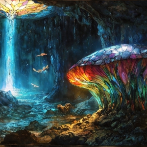 A vibrant and detailed fantasy photograph of an alien planet. Where every element appears meticulously crafted from iridescent stained glass. From a cave system, dominated by towering crystals, giant bioluminescent mushrooms, in all shapes and sizes, that glow in vibrant iridescent colors. A stream of iridescent blue water, flows down the center of the cave from a waterfall, off in the distance. The alien flora, vibrantly colored, attracting alien insects, like nothing you've ever seen. Glow worms hang down from the ceiling, emitting the entire spectrum of the rainbow in colors, they seem to dance and blend as if they are connected. Outside the cave system, the sky shimmers with a breathtaking aurora borealis that fills the sky, creating a cosmic spectacle of galaxies, nebulae, and radiant starlight, in this nighttime landscape.