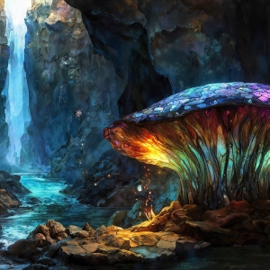 A vibrant and detailed fantasy photograph of an alien planet. Where every element appears meticulously crafted from iridescent stained glass. From a cave system, dominated by towering crystals, giant bioluminescent mushrooms, in all shapes and sizes, that glow in vibrant iridescent colors. A stream of iridescent blue water, flows down the center of the cave from a waterfall, off in the distance. The alien flora, vibrantly colored, attracting alien insects, like nothing you've ever seen. Glow worms hang down from the ceiling, emitting the entire spectrum of the rainbow in colors, they seem to dance and blend as if they are connected. Outside the cave system, the sky shimmers with a breathtaking aurora borealis that fills the sky, creating a cosmic spectacle of galaxies, nebulae, and radiant starlight, in this nighttime landscape.