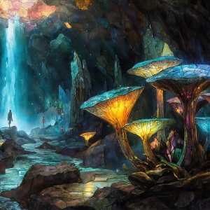 A vibrant and detailed fantasy photograph of an alien planet. Where every element appears meticulously crafted from iridescent stained glass. From a cave system, dominated by towering crystals, giant bioluminescent mushrooms, in all shapes and sizes, that glow in vibrant iridescent colors. A stream of iridescent blue water, flows down the center of the cave from a waterfall, off in the distance. The alien flora, vibrantly colored, attracting alien insects, like nothing you've ever seen. Glow worms hang down from the ceiling, emitting the entire spectrum of the rainbow in colors, they seem to dance and blend as if they are connected. Outside the cave system, the sky shimmers with a breathtaking aurora borealis that fills the sky, creating a cosmic spectacle of galaxies, nebulae, and radiant starlight, in this nighttime landscape.