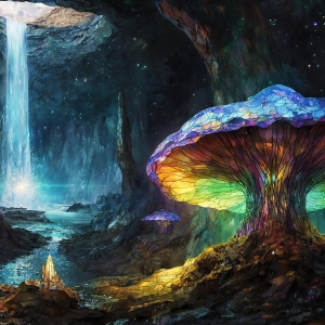 A vibrant and detailed fantasy photograph of an alien planet. Where every element appears meticulously crafted from iridescent stained glass. From a cave system, dominated by towering crystals, giant bioluminescent mushrooms, in all shapes and sizes, that glow in vibrant iridescent colors. A stream of iridescent blue water, flows down the center of the cave from a waterfall, off in the distance. The alien flora, vibrantly colored, attracting alien insects, like nothing you've ever seen. Glow worms hang down from the ceiling, emitting the entire spectrum of the rainbow in colors, they seem to dance and blend as if they are connected. Outside the cave system, the sky shimmers with a breathtaking aurora borealis that fills the sky, creating a cosmic spectacle of galaxies, nebulae, and radiant starlight, in this nighttime landscape.