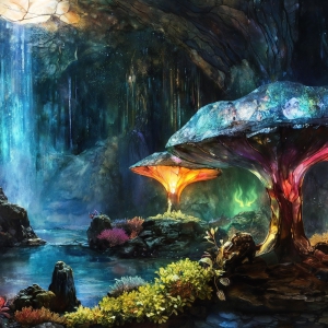 A vibrant and detailed fantasy photograph of an alien planet. Where every element appears meticulously crafted from iridescent stained glass. From a cave system, dominated by towering crystals, giant bioluminescent mushrooms, in all shapes and sizes, that glow in vibrant iridescent colors. A stream of iridescent blue water, flows down the center of the cave from a waterfall, off in the distance. The alien flora, vibrantly colored, attracting alien insects, like nothing you've ever seen. Glow worms hang down from the ceiling, emitting the entire spectrum of the rainbow in colors, they seem to dance and blend as if they are connected. Outside the cave system, the sky shimmers with a breathtaking aurora borealis that fills the sky, creating a cosmic spectacle of galaxies, nebulae, and radiant starlight, in this nighttime landscape.