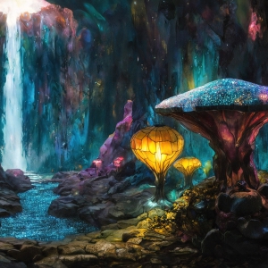 A vibrant and detailed fantasy photograph of an alien planet. Where every element appears meticulously crafted from iridescent stained glass. From a cave system, dominated by towering crystals, giant bioluminescent mushrooms, in all shapes and sizes, that glow in vibrant iridescent colors. A stream of iridescent blue water, flows down the center of the cave from a waterfall, off in the distance. The alien flora, vibrantly colored, attracting alien insects, like nothing you've ever seen. Glow worms hang down from the ceiling, emitting the entire spectrum of the rainbow in colors, they seem to dance and blend as if they are connected. Outside the cave system, the sky shimmers with a breathtaking aurora borealis that fills the sky, creating a cosmic spectacle of galaxies, nebulae, and radiant starlight, in this nighttime landscape.