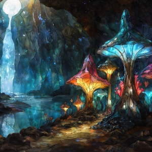 A vibrant and detailed fantasy photograph of an alien planet. Where every element appears meticulously crafted from iridescent stained glass. From a cave system, dominated by towering crystals, giant bioluminescent mushrooms, in all shapes and sizes, that glow in vibrant iridescent colors. A stream of iridescent blue water, flows down the center of the cave from a waterfall, off in the distance. The alien flora, vibrantly colored, attracting alien insects, like nothing you've ever seen. Glow worms hang down from the ceiling, emitting the entire spectrum of the rainbow in colors, they seem to dance and blend as if they are connected. Outside the cave system, the sky shimmers with a breathtaking aurora borealis that fills the sky, creating a cosmic spectacle of galaxies, nebulae, and radiant starlight, in this nighttime landscape.
