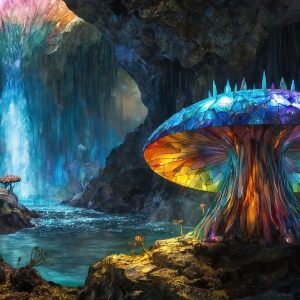 A vibrant and detailed fantasy photograph of an alien planet. Where every element appears meticulously crafted from iridescent stained glass. From a cave system, dominated by towering crystals, giant bioluminescent mushrooms, in all shapes and sizes, that glow in vibrant iridescent colors. A stream of iridescent blue water, flows down the center of the cave from a waterfall, off in the distance. The alien flora, vibrantly colored, attracting alien insects, like nothing you've ever seen. Glow worms hang down from the ceiling, emitting the entire spectrum of the rainbow in colors, they seem to dance and blend as if they are connected. Outside the cave system, the sky shimmers with a breathtaking aurora borealis that fills the sky, creating a cosmic spectacle of galaxies, nebulae, and radiant starlight, in this nighttime landscape.