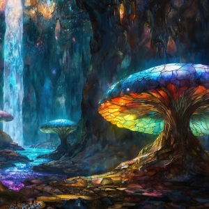 A vibrant and detailed fantasy photograph of an alien planet. Where every element appears meticulously crafted from iridescent stained glass. From a cave system, dominated by towering crystals, giant bioluminescent mushrooms, in all shapes and sizes, that glow in vibrant iridescent colors. A stream of iridescent blue water, flows down the center of the cave from a waterfall, off in the distance. The alien flora, vibrantly colored, attracting alien insects, like nothing you've ever seen. Glow worms hang down from the ceiling, emitting the entire spectrum of the rainbow in colors, they seem to dance and blend as if they are connected. Outside the cave system, the sky shimmers with a breathtaking aurora borealis that fills the sky, creating a cosmic spectacle of galaxies, nebulae, and radiant starlight, in this nighttime landscape.