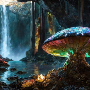 A vibrant and detailed fantasy photograph of an alien planet. Where every element appears meticulously crafted from iridescent stained glass. From a cave system, dominated by towering crystals, giant bioluminescent mushrooms, in all shapes and sizes, that glow in vibrant iridescent colors. A stream of iridescent blue water, flows down the center of the cave from a waterfall, off in the distance. The alien flora, vibrantly colored, attracting alien insects, like nothing you've ever seen. Glow worms hang down from the ceiling, emitting the entire spectrum of the rainbow in colors, they seem to dance and blend as if they are connected. Outside the cave system, the sky shimmers with a breathtaking aurora borealis that fills the sky, creating a cosmic spectacle of galaxies, nebulae, and radiant starlight, in this nighttime landscape.