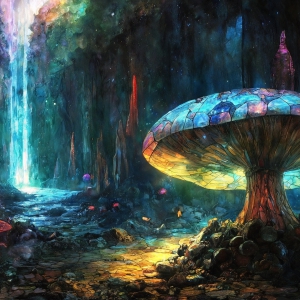 A vibrant and detailed fantasy photograph of an alien planet. Where every element appears meticulously crafted from iridescent stained glass. From a cave system, dominated by towering crystals, giant bioluminescent mushrooms, in all shapes and sizes, that glow in vibrant iridescent colors. A stream of iridescent blue water, flows down the center of the cave from a waterfall, off in the distance. The alien flora, vibrantly colored, attracting alien insects, like nothing you've ever seen. Glow worms hang down from the ceiling, emitting the entire spectrum of the rainbow in colors, they seem to dance and blend as if they are connected. Outside the cave system, the sky shimmers with a breathtaking aurora borealis that fills the sky, creating a cosmic spectacle of galaxies, nebulae, and radiant starlight, in this nighttime landscape.