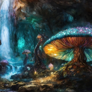 A vibrant and detailed fantasy photograph of an alien planet. Where every element appears meticulously crafted from iridescent stained glass. From a cave system, dominated by towering crystals, giant bioluminescent mushrooms, in all shapes and sizes, that glow in vibrant iridescent colors. A stream of iridescent blue water, flows down the center of the cave from a waterfall, off in the distance. The alien flora, vibrantly colored, attracting alien insects, like nothing you've ever seen. Glow worms hang down from the ceiling, emitting the entire spectrum of the rainbow in colors, they seem to dance and blend as if they are connected. Outside the cave system, the sky shimmers with a breathtaking aurora borealis that fills the sky, creating a cosmic spectacle of galaxies, nebulae, and radiant starlight, in this nighttime landscape.