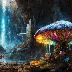 A vibrant and detailed fantasy photograph of an alien planet. Where every element appears meticulously crafted from iridescent stained glass. From a cave system, dominated by towering crystals, giant bioluminescent mushrooms, in all shapes and sizes, that glow in vibrant iridescent colors. A stream of iridescent blue water, flows down the center of the cave from a waterfall, off in the distance. The alien flora, vibrantly colored, attracting alien insects, like nothing you've ever seen. Glow worms hang down from the ceiling, emitting the entire spectrum of the rainbow in colors, they seem to dance and blend as if they are connected. Outside the cave system, the sky shimmers with a breathtaking aurora borealis that fills the sky, creating a cosmic spectacle of galaxies, nebulae, and radiant starlight, in this nighttime landscape.