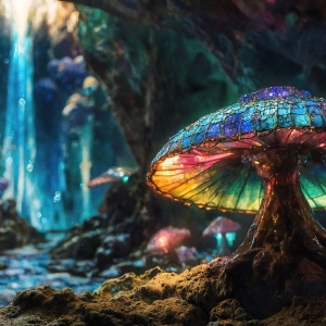A vibrant and detailed fantasy photograph of an alien planet. Where every element appears meticulously crafted from iridescent stained glass. From a cave system, dominated by towering crystals, giant bioluminescent mushrooms, in all shapes and sizes, that glow in vibrant iridescent colors. A stream of iridescent blue water, flows down the center of the cave from a waterfall, off in the distance. The alien flora, vibrantly colored, attracting alien insects, like nothing you've ever seen. Glow worms hang down from the ceiling, emitting the entire spectrum of the rainbow in colors, they seem to dance and blend as if they are connected. Outside the cave system, the sky shimmers with a breathtaking aurora borealis that fills the sky, creating a cosmic spectacle of galaxies, nebulae, and radiant starlight, in this nighttime landscape.