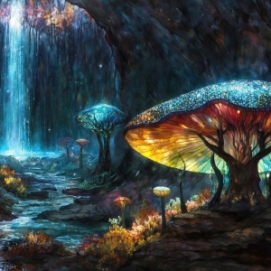 A vibrant and detailed fantasy photograph of an alien planet. Where every element appears meticulously crafted from iridescent stained glass. From a cave system, dominated by towering crystals, giant bioluminescent mushrooms, in all shapes and sizes, that glow in vibrant iridescent colors. A stream of iridescent blue water, flows down the center of the cave from a waterfall, off in the distance. The alien flora, vibrantly colored, attracting alien insects, like nothing you've ever seen. Glow worms hang down from the ceiling, emitting the entire spectrum of the rainbow in colors, they seem to dance and blend as if they are connected. Outside the cave system, the sky shimmers with a breathtaking aurora borealis that fills the sky, creating a cosmic spectacle of galaxies, nebulae, and radiant starlight, in this nighttime landscape.