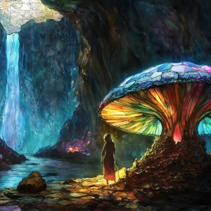 A vibrant and detailed fantasy photograph of an alien planet. Where every element appears meticulously crafted from iridescent stained glass. From a cave system, dominated by towering crystals, giant bioluminescent mushrooms, in all shapes and sizes, that glow in vibrant iridescent colors. A stream of iridescent blue water, flows down the center of the cave from a waterfall, off in the distance. The alien flora, vibrantly colored, attracting alien insects, like nothing you've ever seen. Glow worms hang down from the ceiling, emitting the entire spectrum of the rainbow in colors, they seem to dance and blend as if they are connected. Outside the cave system, the sky shimmers with a breathtaking aurora borealis that fills the sky, creating a cosmic spectacle of galaxies, nebulae, and radiant starlight, in this nighttime landscape.
