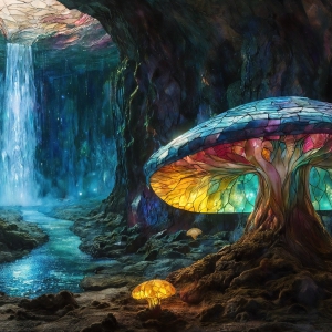 A vibrant and detailed fantasy photograph of an alien planet. Where every element appears meticulously crafted from iridescent stained glass. From a cave system, dominated by towering crystals, giant bioluminescent mushrooms, in all shapes and sizes, that glow in vibrant iridescent colors. A stream of iridescent blue water, flows down the center of the cave from a waterfall, off in the distance. The alien flora, vibrantly colored, attracting alien insects, like nothing you've ever seen. Glow worms hang down from the ceiling, emitting the entire spectrum of the rainbow in colors, they seem to dance and blend as if they are connected. Outside the cave system, the sky shimmers with a breathtaking aurora borealis that fills the sky, creating a cosmic spectacle of galaxies, nebulae, and radiant starlight, in this nighttime landscape.