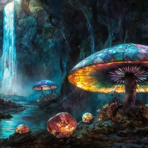 A vibrant and detailed fantasy photograph of an alien planet. Where every element appears meticulously crafted from iridescent stained glass. From a cave system, dominated by towering crystals, giant bioluminescent mushrooms, in all shapes and sizes, that glow in vibrant iridescent colors. A stream of iridescent blue water, flows down the center of the cave from a waterfall, off in the distance. The alien flora, vibrantly colored, attracting alien insects, like nothing you've ever seen. Glow worms hang down from the ceiling, emitting the entire spectrum of the rainbow in colors, they seem to dance and blend as if they are connected. Outside the cave system, the sky shimmers with a breathtaking aurora borealis that fills the sky, creating a cosmic spectacle of galaxies, nebulae, and radiant starlight, in this nighttime landscape.