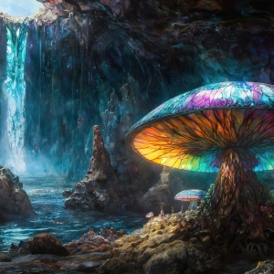 A vibrant and detailed fantasy photograph of an alien planet. Where every element appears meticulously crafted from iridescent stained glass. From a cave system, dominated by towering crystals, giant bioluminescent mushrooms, in all shapes and sizes, that glow in vibrant iridescent colors. A stream of iridescent blue water, flows down the center of the cave from a waterfall, off in the distance. The alien flora, vibrantly colored, attracting alien insects, like nothing you've ever seen. Glow worms hang down from the ceiling, emitting the entire spectrum of the rainbow in colors, they seem to dance and blend as if they are connected. Outside the cave system, the sky shimmers with a breathtaking aurora borealis that fills the sky, creating a cosmic spectacle of galaxies, nebulae, and radiant starlight, in this nighttime landscape.